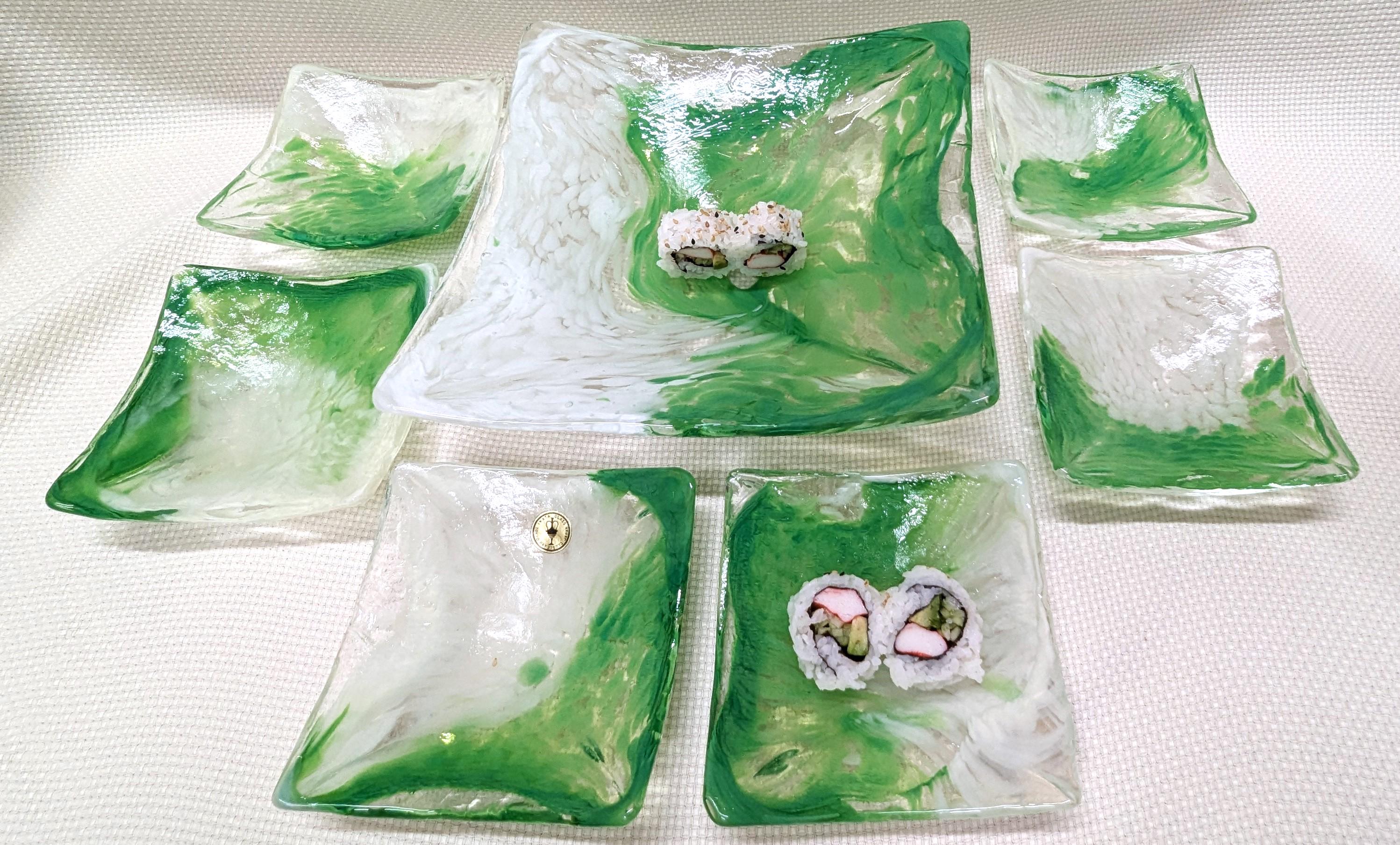Vintage 1950s Iwata Glass 7-piece Sushi Set, Tokyo Japan Blown