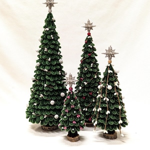 Velvet Chenille Stem Christmas Trees, Xmas Décor, Four Sizes Available, 18", 15", 11", 8", Red & White Decorations, Star Tree Toppers