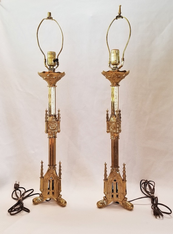 2 Antique Brass Gothic Candlestick Lamps, Converted Candlesticks, Altar  Sanctuary Lamps, Paschal Gothic, Architectural, Table Accent Lamps 