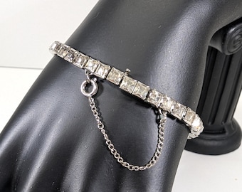 Vintage Silver Tone Art Deco Rhinestone Crystal Tennis Bracelet
