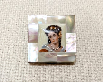 Painted Portrait of Woman on Porcelain, Mother of Pearl and Brass, Powder Compact, Vintage 1940s, Dimensional Pearls Accents, Extra Fine MOP