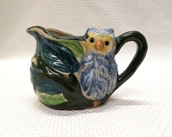 Vintage Collectible Blue Owl Creamer, Pre WWII, Cream Pitcher, Owl Collectors Treat, Made In Japan, Owl Perched On Leafy Branch, No Chips