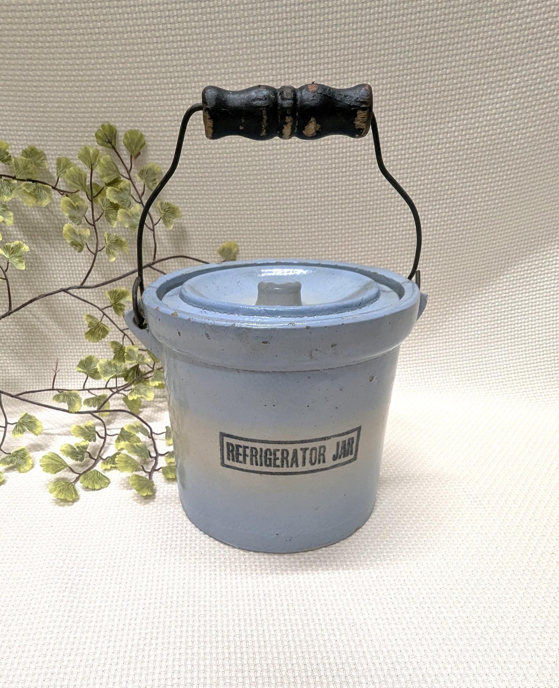 Antique Red Wing Refrigerator Jar, Blue Tint Stoneware, Wire