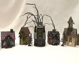 Halloween Putz House Haunted Village, 6 Miniature Ghostly Houses, Includes 4 Creepy Trees, 5 Battery Tea Lights, Centerpiece, Mantel Décor