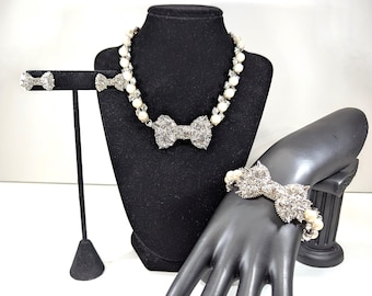 Betsey Johnson Pretty Punk Pearl Spike Bow Set, Rare, Retired, Necklace, Bracelet, Post Earrings, Dark Darling, Punk Chic