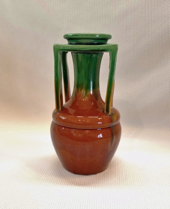 Awaji Pottery Buttress Handle Vase, Brown and Green, Organic Form