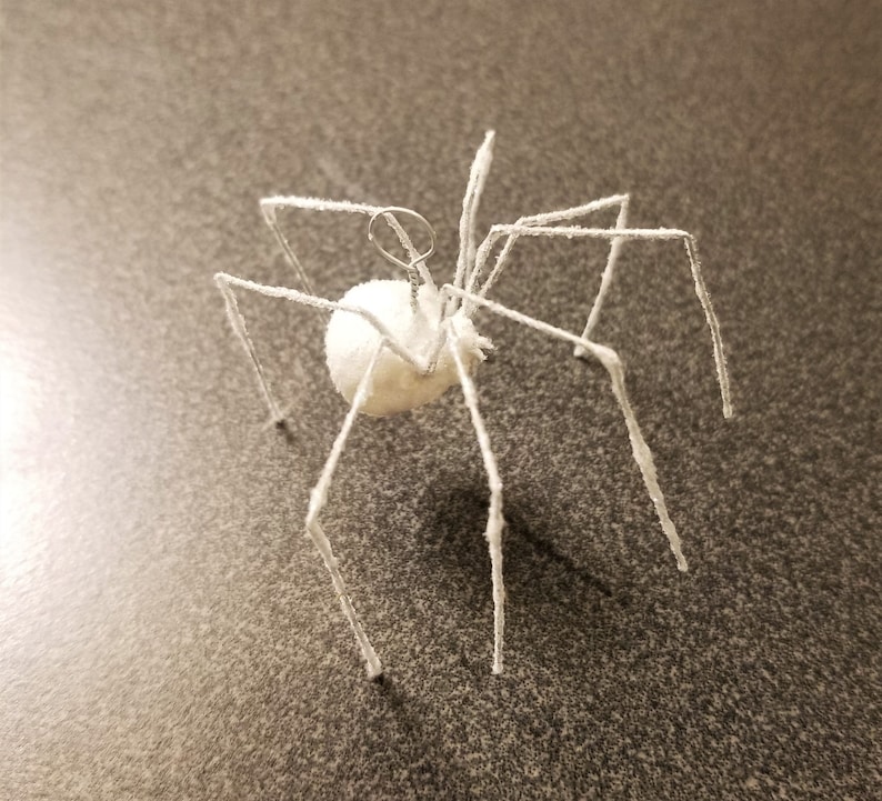 May include: A white, fuzzy spider ornament with a round body and long, spindly legs. The spider has a wire loop at the top for hanging. The legs are made of wire and covered in a fuzzy material. The spider is a Halloween or holiday decoration.