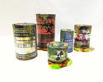 5 Drum Super Set Of Toxic Waste , All Different Sizes, Halloween Party Buffet Props, Corroded Barrels, Rusted and Leaking Containers, Creepy