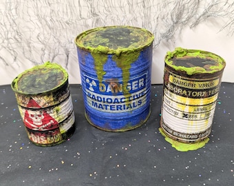 3 Drum Set Of Toxic Waste , All Different Sizes, Halloween Party Buffet Props, Corroded Barrels, Rusted and Leaking Containers, Creepy Décor