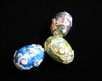 Set of 3 Decorative Eggs, Easter Eggs, Jeweled Gift Eggs, Faux Marble Eggs, Home Décor, Persian Wedding Eggs, Hand Painted with Applied Lace