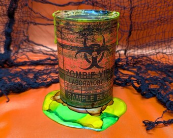ZOMBIE VIRUS Drum, Toxic Corroded, Leaking Rusted, Poisonous, Halloween Party Prop, Creepy Décor, 4 1/2" Can, Buffet Table, Bar Decoration