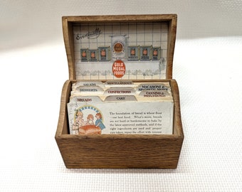 Antique Gold Medal Recipe Box with Original Cards, c1920s, Wonderful Graphics, Oak Recipe Box, Original Gold Decal, "Eventually" Advertising