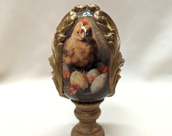 Baroque Handmade Large 6.5" Decorative Freestanding Easter Egg, Pedestal Base, Chick On One Side, Egg In Nest On Other Side, Gilded Framing