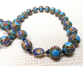 RARE Vintage Chinese Canton Enamel Beaded Necklace, Mandarin Court Style Jewelry, Hand Painted 12 mm Silver Beads, Elegant 36 Bead Design