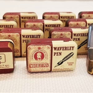 Vintage 1930s Waverley Nib Pen Tins, Collectible Metal Tin Box, Waverly Tin, Crafting Tin, Shrine Tin, Calligraphy Supplies, Penmanship