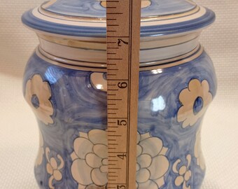 Blue and Tan Iridescent Ceramic, Nora Fenton Hand Painted Canister
