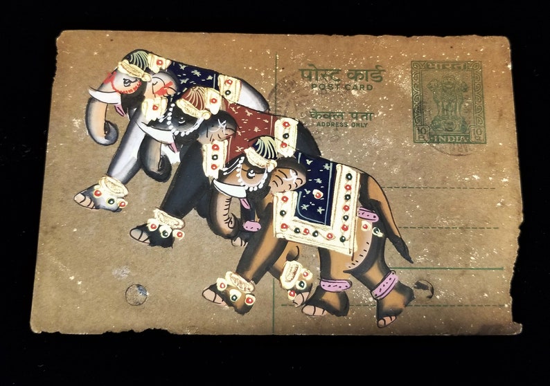 Three Painted Elephants Vintage Hand Painted India Postcard Acrylic Magnetic Art Frame Elephants with Gold Accents Collectible Postcard