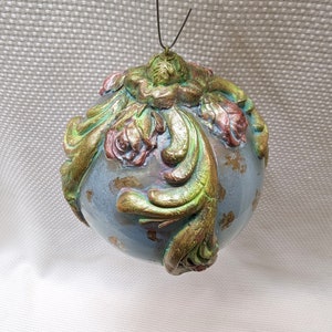 Handmade Baroque Christmas Ornament, 5 Inch, Light Blue Opal, Old Rose, Old Brass Flourishes, Gold Copper and Silver Foil, Unique OOAK