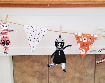 Halloween Party Banner Garland with Cat Paper Dolls, Party Kit, Halloween Decor, Party Favors, Girls Halloween Party Gifts, Skeleton Garland