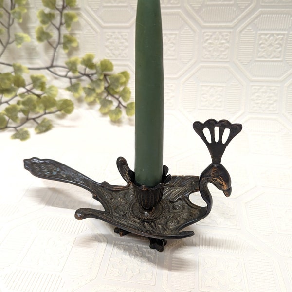 Bronze Vintage Peacock Candleholder, Candlestick, Highly Ornate, Footed Base, Gold and Copper Highlights, Turquoise Verdigris Patina of Age