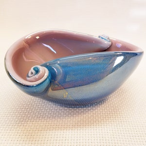 Alfredo Barbini Murano Glass Shell Dish, Blue Gold Flecked Outside