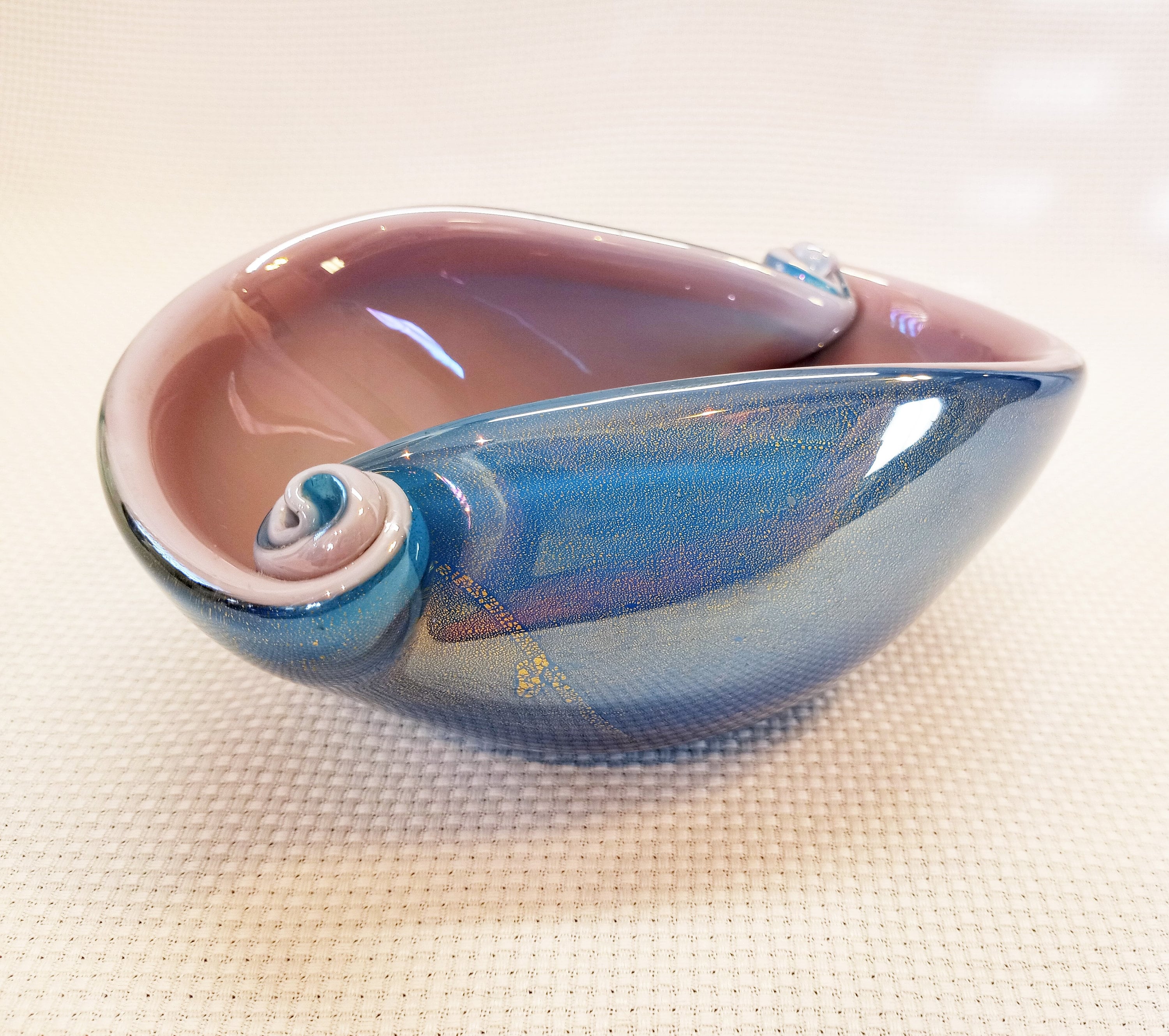 Alfredo Barbini Murano Glass Shell Dish, Blue Gold Flecked