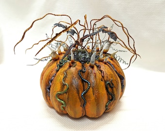Indoor Halloween Pumpkin Décor, Gothic Pumpkin, Featuring Huge Fangs, Vampire Bats, Poisonous Snakes, Withered Vines, Deadly Black Flowers,
