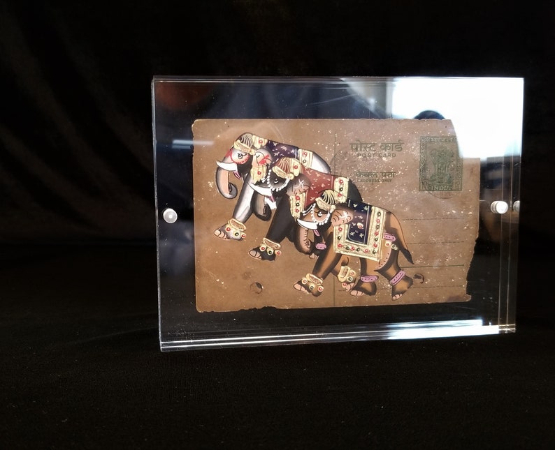 Three Painted Elephants Vintage Hand Painted India Postcard Acrylic Magnetic Art Frame Elephants with Gold Accents Collectible Postcard