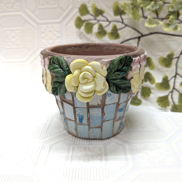 Yellow Rose Mosaic Art Tile Planter Pot, Flower Pot, Artisan Flower, Upcycled Ceramic, Terra Cotta Base, Shabby Chic, 4" x 5", Herb Planter