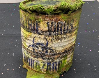 Leaking ZOMBIE VIRUS Drum, Toxic Corroded Poisonous, Halloween Party Prop, Creepy Décor, 3" Can, Buffet Table, Bar Decoration, Office Desk