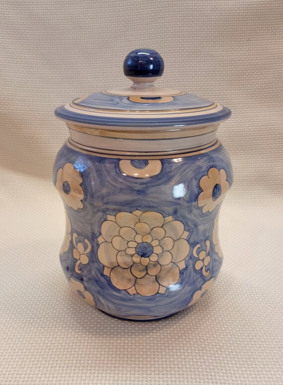Blue and Tan Iridescent Ceramic, Nora Fenton Hand Painted Canister