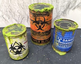 3 Drum Set Of Toxic Waste , All Different Sizes, Halloween Party Buffet Props, Corroded Barrels, Rusted and Leaking Containers, Creepy Décor
