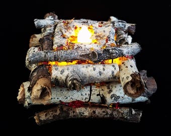 Miniature Faux Log Fire for Xmas Holiday Display, Doll Play Campfire, Flickering Flame Log Fire, Realistic Mini Log Fire, Fireplace Prop