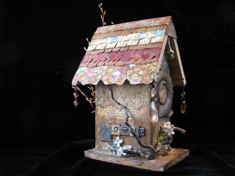 Altered Bird House Mixed Media Vintage Hand Cut Tin Roof Etsy
