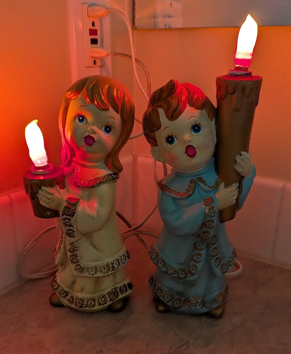 Pair of Vintage Commodore Chalkware Carolers, Electric Light-up