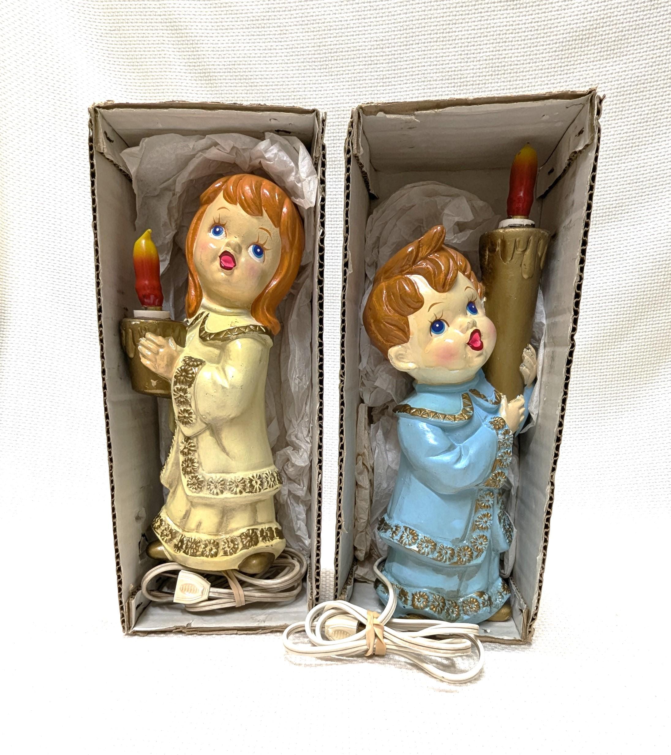 Pair of Vintage Commodore Chalkware Carolers, Electric Light-up