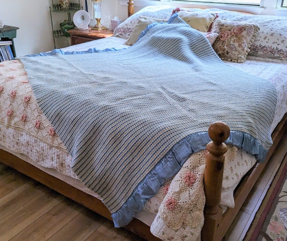 Pendleton Wool Blanket Twin Blue White Stripe Pattern Waffle Weave Blue Satin Borders Vintage 1950s Boys Room Oregon Collectible Etsy Canada