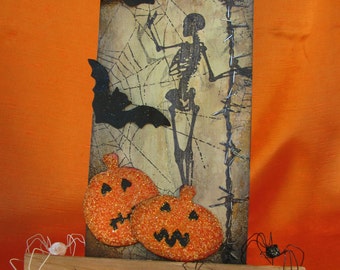 Distress Style Skeleton and Pumpkins Halloween Tag with Barbwire and Bats 1 of 2