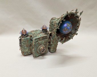 Upcycled Mixed Media Vintage Camera, Altered Art, Verdigris Patina, Steampunk Décor, Genuine 1950s Ansco Clipper Camera w/ Flash, Assemblage