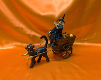 Halloween Witch Cart, Cat Pulling Haunted Wagon, Spooky Tabletop Décor, Handmade, Highly Detailed, OOAK Original Artwork, Something Wicked
