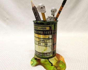 LAB TEST VIRUS Drum, Toxic Corroded, Leaking Rusted, Poisonous, Halloween Prop, Creepy Décor, 4.5" Can, Pen Pencil Holder, Office or Home