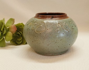 Sage Green Hand Thrown Pot or Vase, 6" x 4" Plus, Brown Rim, Earthy Matte Glaze, Artist Signed, Glyph Accented, Broad Base, Heavy Weight