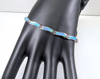 Blue Opal Inlay Tennis Bracelet, High Quality Vintage Construction, 12 Links of Sensuous Waves, 925