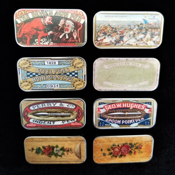 Pen Nib Tin Storage, 8 Varieties, Mixed English Maker Group, Calligraphy Organizers, Authentic Antique Reproductions, Small Stash Pill Boxes