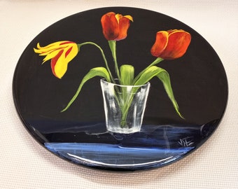 Hand Painted Vintage Lazy Susan, Red Yellow Orange Tulips, High Gloss Acrylic Finish, 15 Inch Diameter, Wood, Black Background, circa 1990s