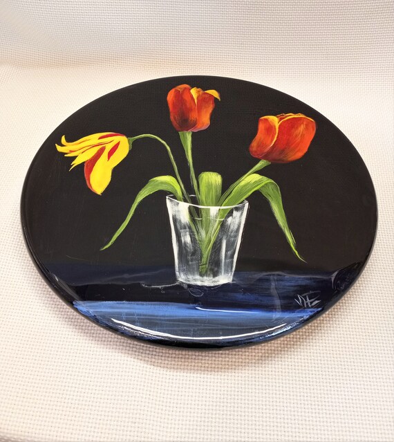Hand Painted Vintage Lazy Susan, Red Yellow Orange Tulips, High