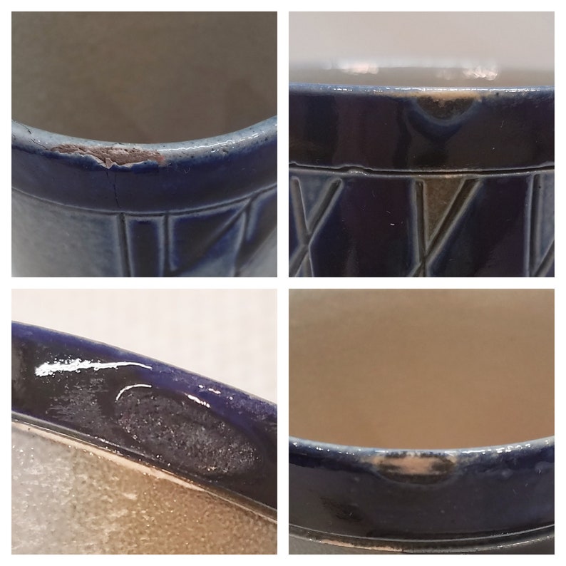 May include: Close-up of the rim of a blue and white ceramic mug. The mug has a geometric pattern and a blue glaze. There are signs of wear and tear on the rim.