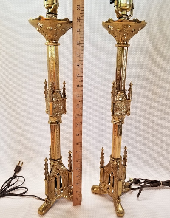 2 Antique Brass Gothic Candlestick Lamps, Converted Candlesticks