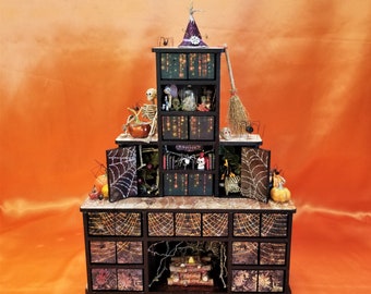 Witch Apothecary Cabinet, of Curiosities, Glittery Decor, Halloween Centerpiece, Mantle Display, Skeletons, Black Cat, Spiders, Pumpkins
