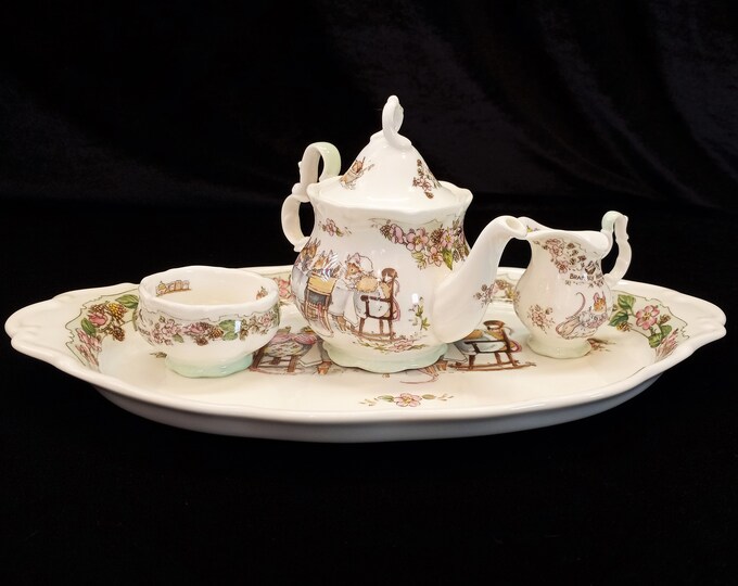Miniature Brambly Hedge Tea Service Set, Tray, Teapot, Creamer, Sugar Bowl, 1985, Royal Doulton